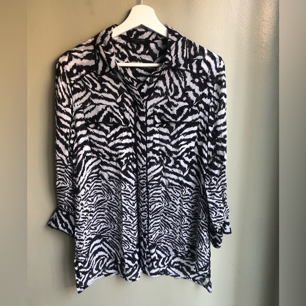 All Saints Women's Black and White Esther Remix Zebra Animal Print Blouse Size M